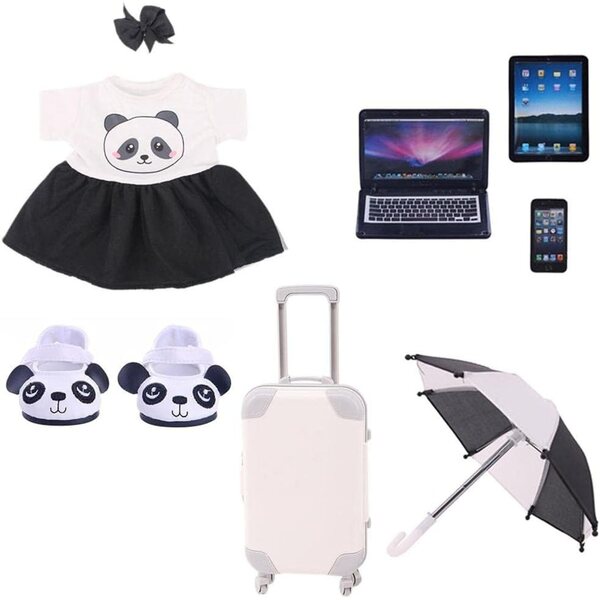 Puppen-Reisekoffer mit Panda-Kleidung, Schuhen, Regenschirm, Laptop und Zubehör