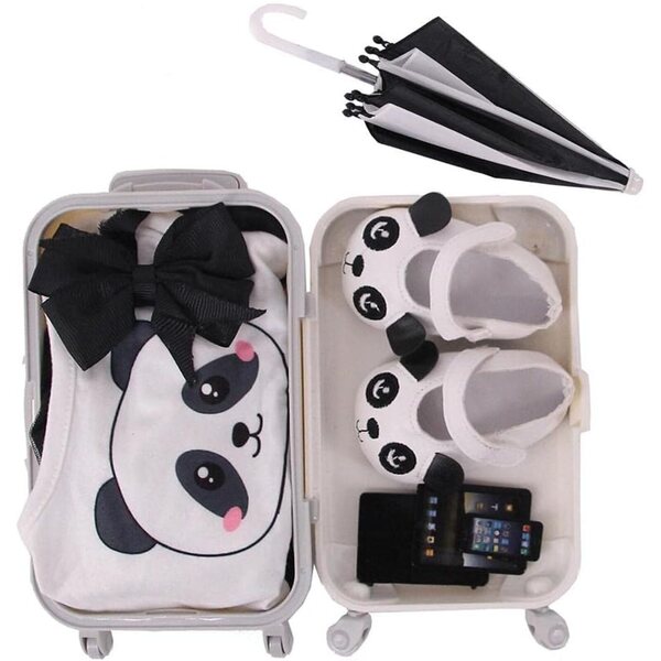 Puppen-Reisekoffer mit Panda-Kleidung, Schuhen, Regenschirm, Laptop und Zubehör