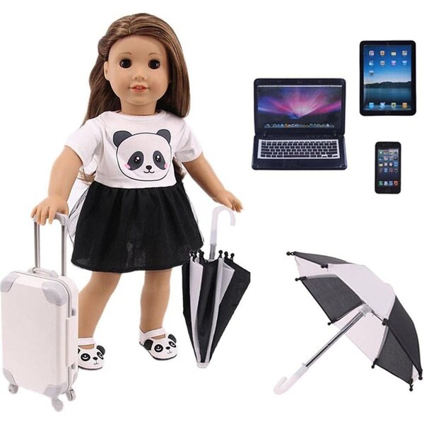 Puppen-Reisekoffer mit Panda-Kleidung, Schuhen, Regenschirm, Laptop und Zubehör