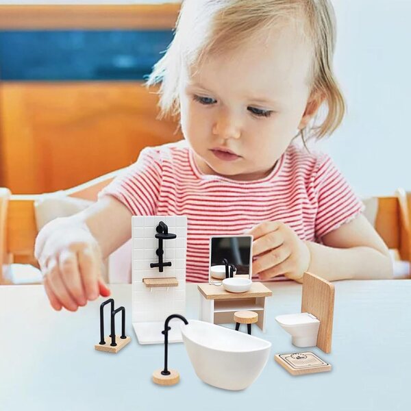 1:12 Puppenhaus-Badezimmer-Set mit realistischen Holzmöbeln und Zubehör