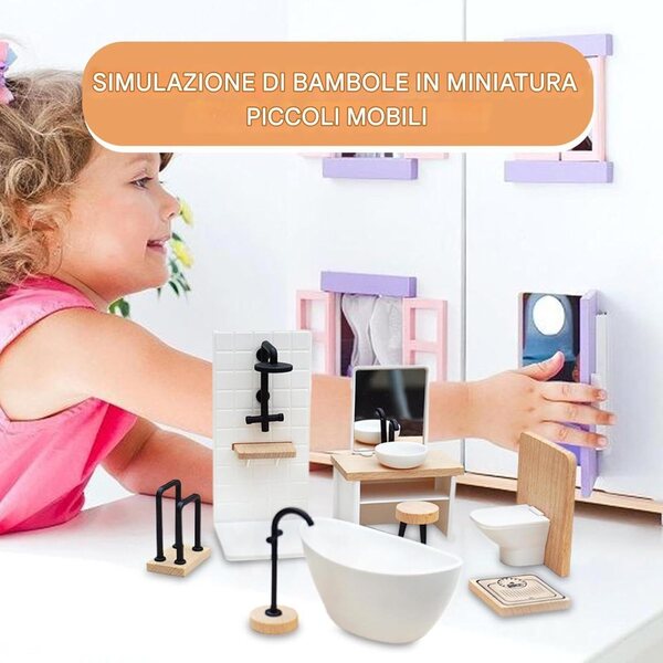 1:12 Puppenhaus-Badezimmer-Set mit realistischen Holzmöbeln und Zubehör