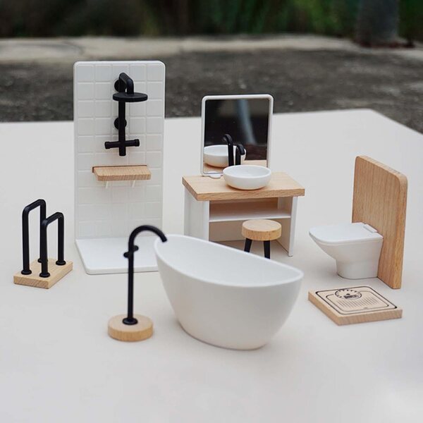 1:12 Puppenhaus-Badezimmer-Set mit realistischen Holzmöbeln und Zubehör