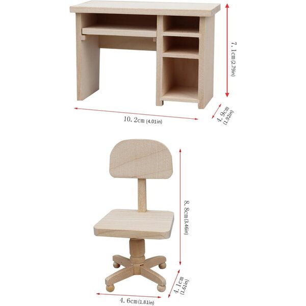 Set Mobili In Legno Incompiuto Casa delle Bambole 1:12 Scrivania e Sedia Ufficio