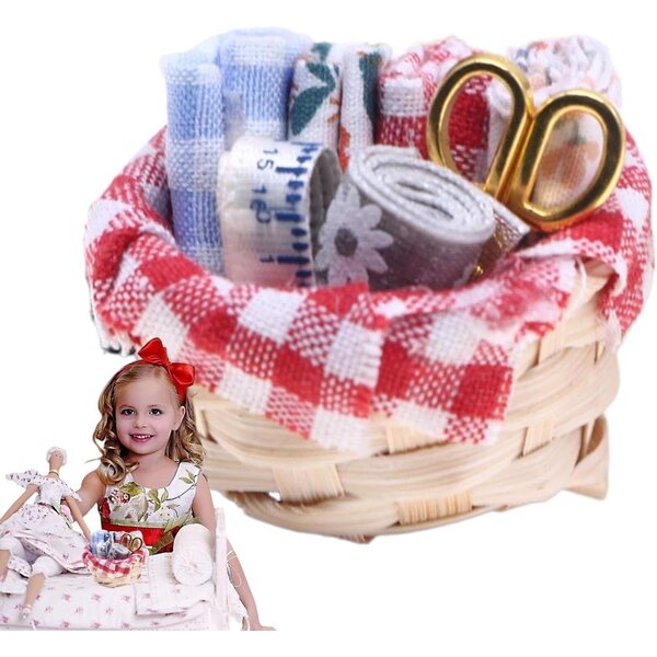 Cestino da cucito per bambole in miniatura con accessori realistici per scene e decorazioni