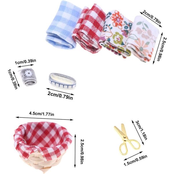 Cestino da cucito per bambole in miniatura con accessori realistici per scene e decorazioni