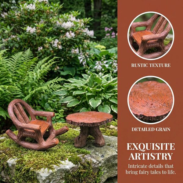 SOLUSTRE Set Mobili Giardino Miniatura in Resina Resistente Tavolo Rotondo e Sedie Casa delle Bambole