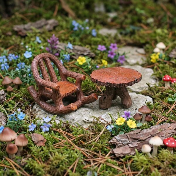 SOLUSTRE Set Mobili Giardino Miniatura in Resina Resistente Tavolo Rotondo e Sedie Casa delle Bambole