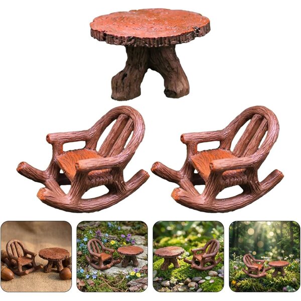 SOLUSTRE Set Mobili Giardino Miniatura in Resina Resistente Tavolo Rotondo e Sedie Casa delle Bambole