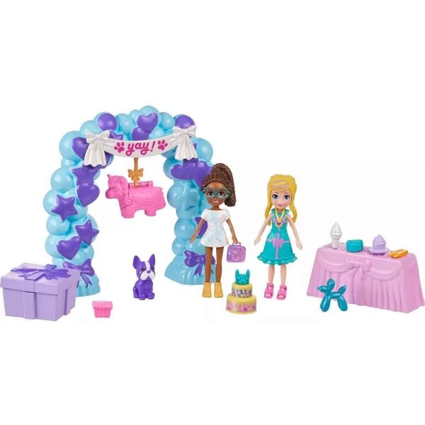 Polly Pocket-Geburtstagsparty mit Puppen, Welpen und 35 Accessoires – 4+
