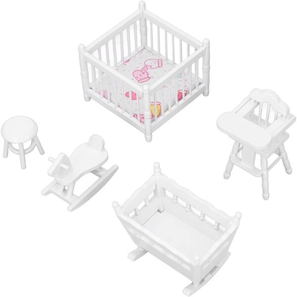 Mobili in legno per casa delle bambole 1:12 set cameretta con culla seggiolone e sgabello