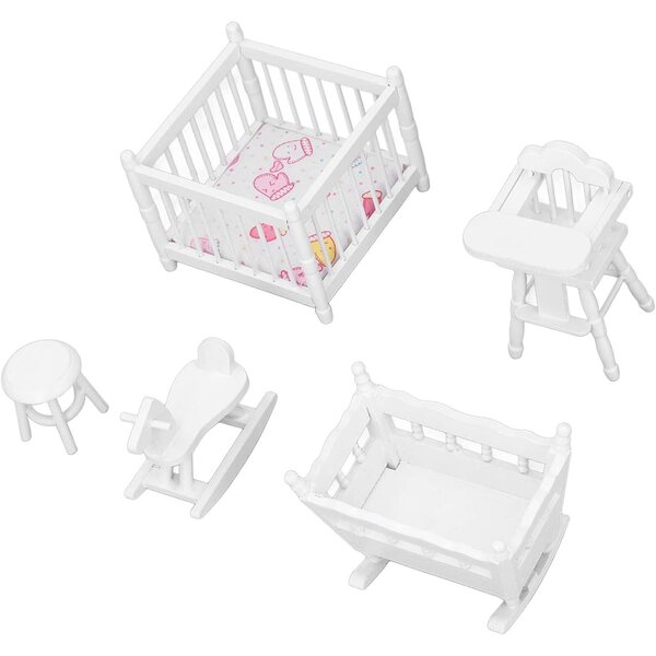 Holzmöbel für Puppenhaus 1:12, Schlafzimmerset mit Wiege, Hochstuhl und Hocker