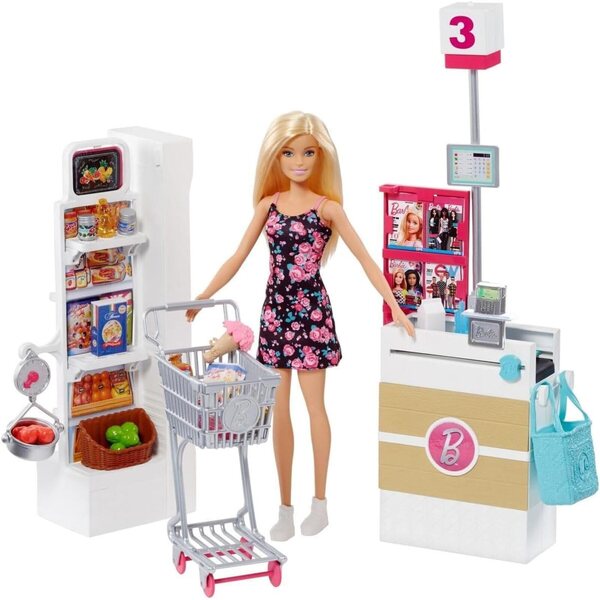 Barbie Supermarkt-Spielset mit Puppe und Zubehör – Interaktives Spiel mit Förderband