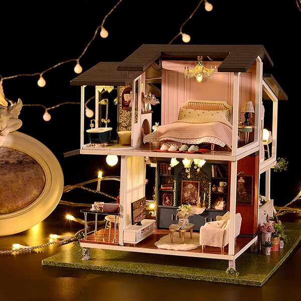 KIMISS Casa delle Bambole in Legno 3 Piani con LED e Mobili - Kit Fai-da-Te 1:24