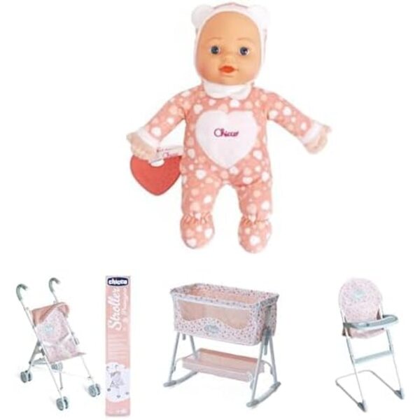 Chicco-Puppe mit komplettem Zubehör: Kinderwagen, Wiege und Hochstuhlspielzeug