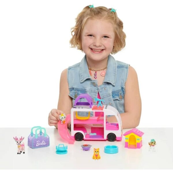 Barbie Deluxe Pet Camper-Set mit funkelndem Camper und Haustierzubehör