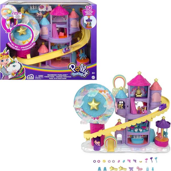 Polly Pocket Rainbow Funfair mit 3 Fahrgeschäften, 2 Puppen und 25 Überraschungen, 4+