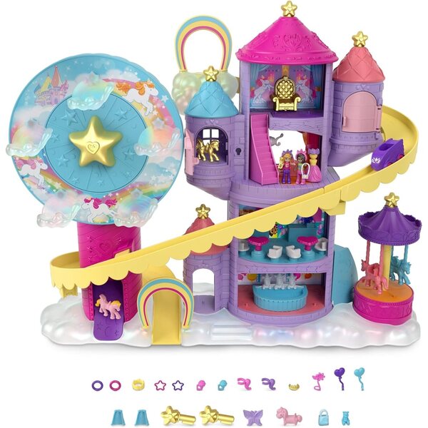 Polly Pocket Rainbow Funfair mit 3 Fahrgeschäften, 2 Puppen und 25 Überraschungen, 4+