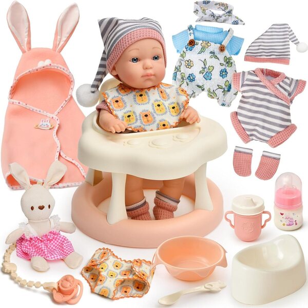 Set Accessori Bambole TUZT con Girello, Vestiti, Vasino e Coniglietto per Bambine 2-6 Anni