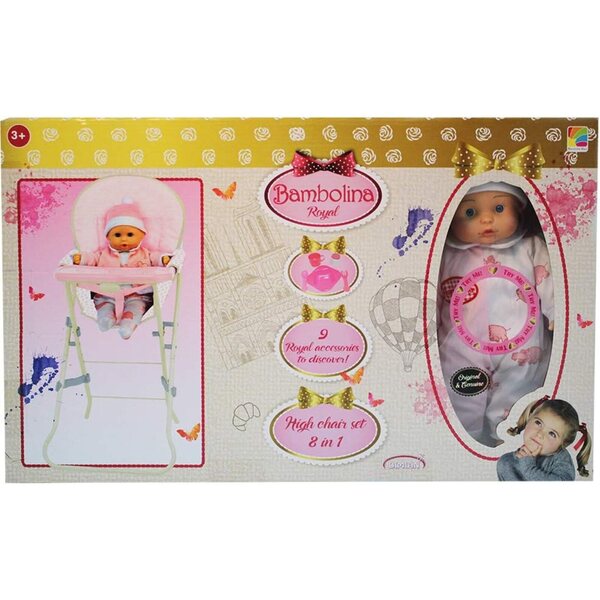 Rocco Giocattoli 8 in 1 36 cm große Hochstuhlpuppe mit Geräuschen und Zubehör