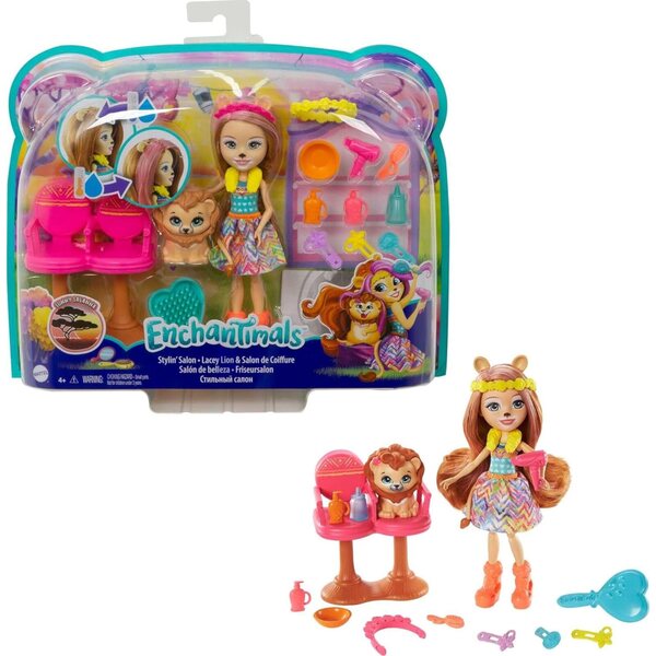 Enchantimals Beauty Salon Spielset mit Lacey der Löwe-Puppe und 13 Zubehörteilen für Kinder ab 4 Jahren
