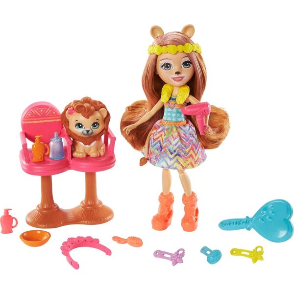 Enchantimals Beauty Salon Spielset mit Lacey der Löwe-Puppe und 13 Zubehörteilen für Kinder ab 4 Jahren