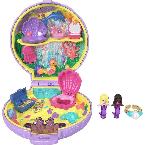Polly Pocket Mermaid Dreams Kompaktes U-Boot mit 2 Meerjungfrauen, Ring und goldener Truhe