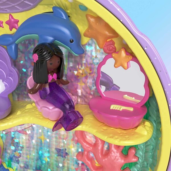 Polly Pocket Mermaid Dreams Kompaktes U-Boot mit 2 Meerjungfrauen, Ring und goldener Truhe