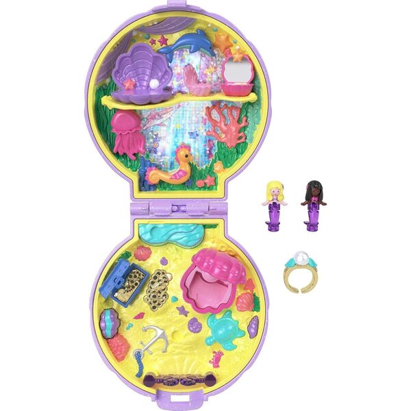 Polly Pocket Mermaid Dreams Kompaktes U-Boot mit 2 Meerjungfrauen, Ring und goldener Truhe