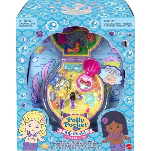 Polly Pocket Mermaid Dreams Kompaktes U-Boot mit 2 Meerjungfrauen, Ring und goldener Truhe