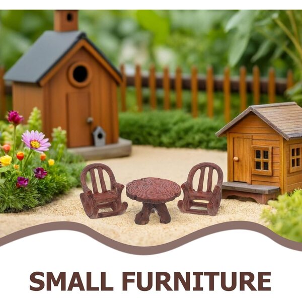 Miniatur-Schaukeltisch- und Stuhlset aus Kunstharz für Märchengärten und rustikale Dekoration
