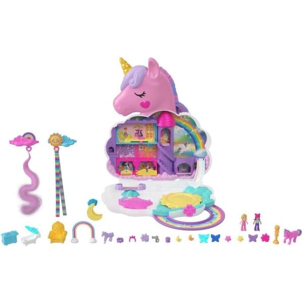 Polly Pocket Rainbow Unicorn Micro Lounge - Gioco 2 in 1 con testina e kit parrucchiere
