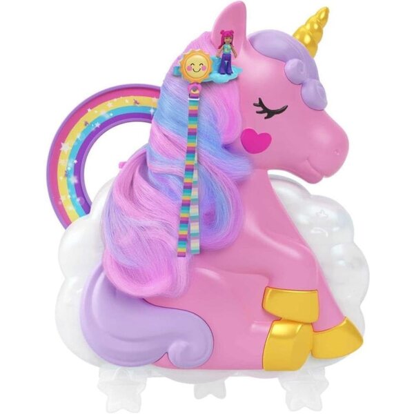 Polly Pocket Rainbow Unicorn Micro Lounge - Gioco 2 in 1 con testina e kit parrucchiere