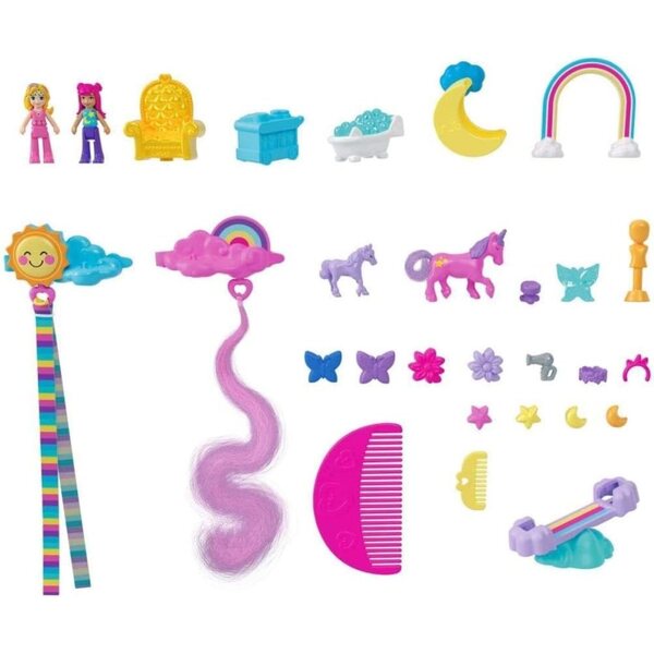 Polly Pocket Rainbow Unicorn Micro Lounge - Gioco 2 in 1 con testina e kit parrucchiere