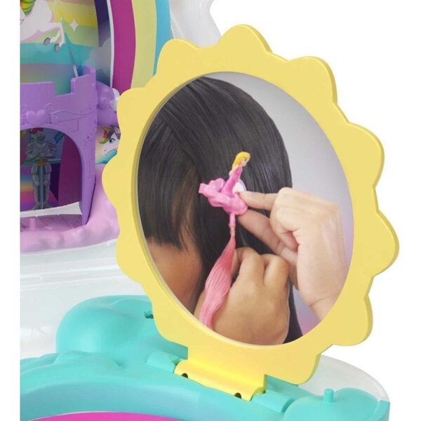 Polly Pocket Rainbow Unicorn Micro Lounge - Gioco 2 in 1 con testina e kit parrucchiere
