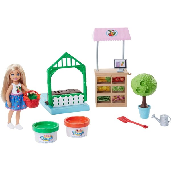 Barbie Chelsea und Garten-Spielset mit Zubehör zum Anbau und Verkauf von Spielzeuggemüse