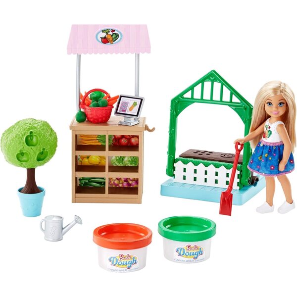 Barbie Chelsea und Garten-Spielset mit Zubehör zum Anbau und Verkauf von Spielzeuggemüse