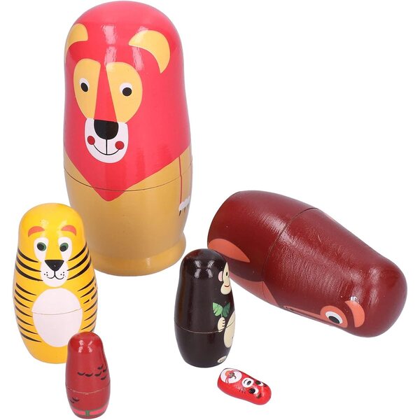 Set 6 Bambole Nidificanti Artigianali in Legno con Motivi Animali, Decorazioni Esclusive