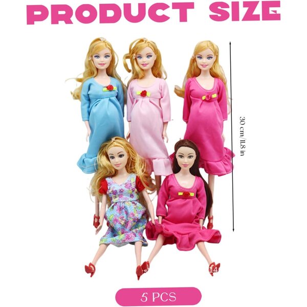 Set 5 Bambole Incinte 12 Giunti Mobili con Bambino Rimovibile per Casa delle Bambole
