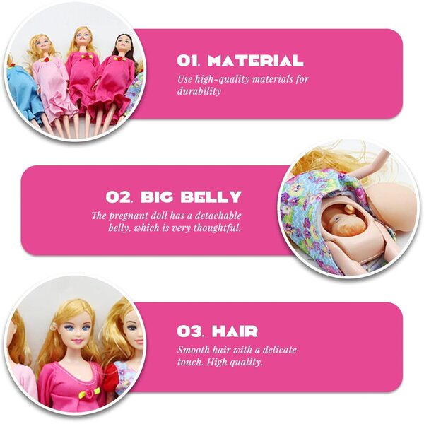 Set 5 Bambole Incinte 12 Giunti Mobili con Bambino Rimovibile per Casa delle Bambole