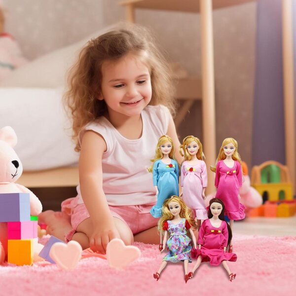 Set 5 Bambole Incinte 12 Giunti Mobili con Bambino Rimovibile per Casa delle Bambole