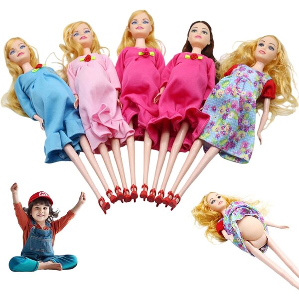 Set 5 Bambole Incinte 12 Giunti Mobili con Bambino Rimovibile per Casa delle Bambole