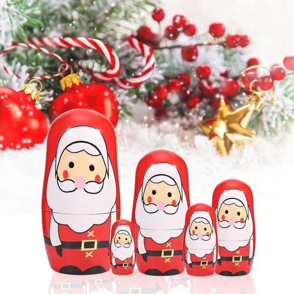 Set aus weihnachtlichen Matroschka-Puppen aus Holz von SIXRUN – handbemalte Weihnachtsdekoration