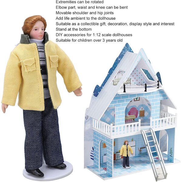 Bambola realistica in porcellana Yellow Coat 15,5 cm con articolazioni mobili e supporto 1:12