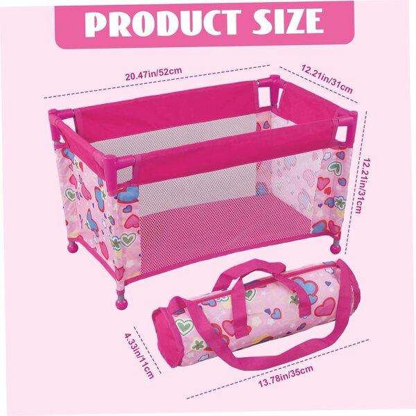 Lettino pieghevole per bambole 18'' con borsa e motivo a cuore, portatile e stabile