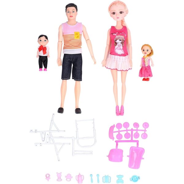 Set aus EMUKOEP-Familienpuppen mit schwangerer Mutter, Kindern und pädagogischem Zubehör