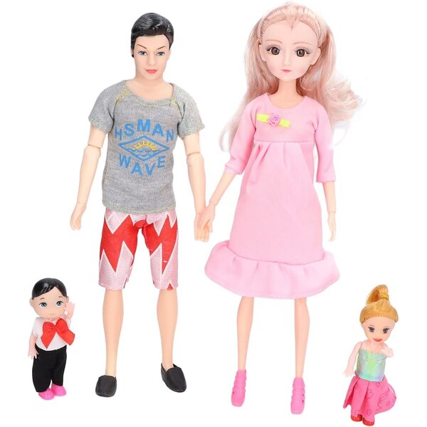 Set aus EMUKOEP-Familienpuppen mit schwangerer Mutter und Zubehör für Kinderrollenspiele