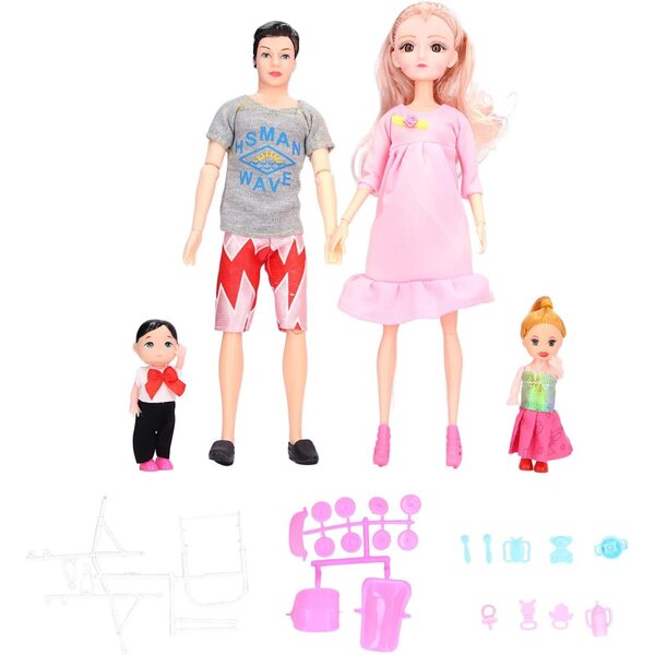 Set aus EMUKOEP-Familienpuppen mit schwangerer Mutter und Zubehör für Kinderrollenspiele