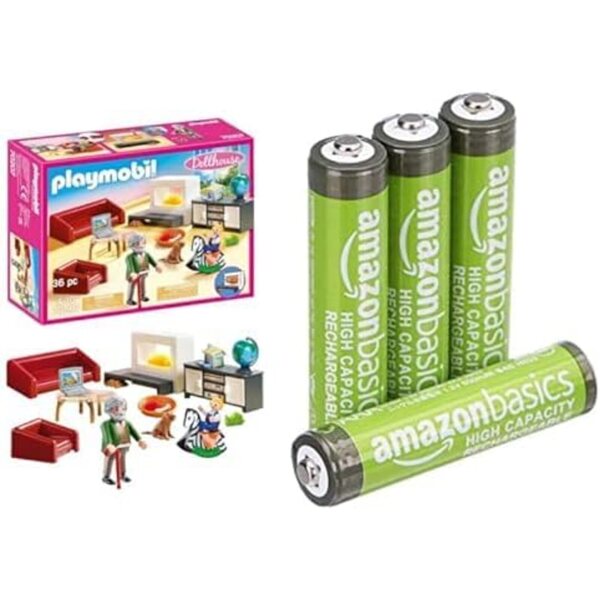 PLAYMOBIL Dollhouse Soggiorno con camino e accessori + Batterie AAA Ricaricabili 4pz