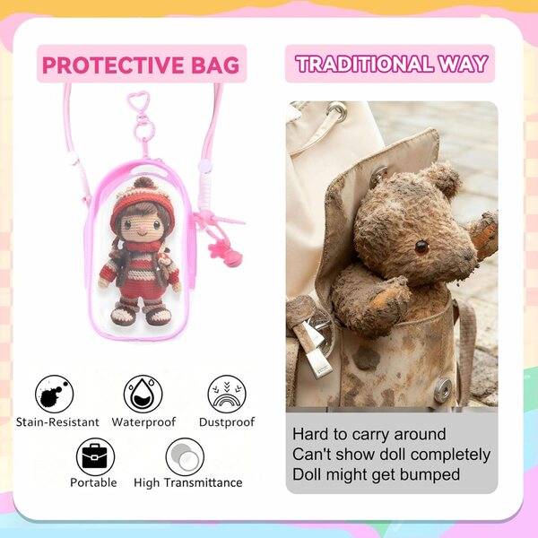 Custodia trasparente protettiva per bambole di peluche 15-17 cm con portachiavi