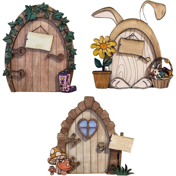 Set aus 3 handbemalten Feentüren aus Holz für Garten- und zauberhafte Dekorationen